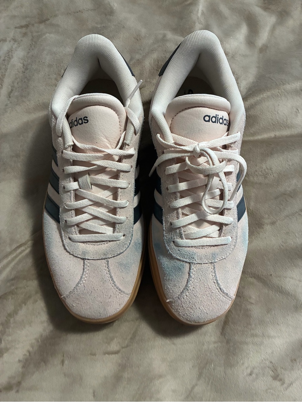 adidas Women’s Light Pink Suede Sneakers with Navy Stripes